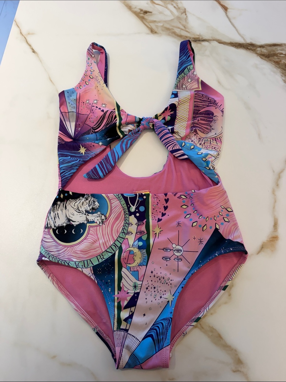 Agua Bendita Kids Pink Multicolor One-Piece Swimsuit with Galaxy Print- 14